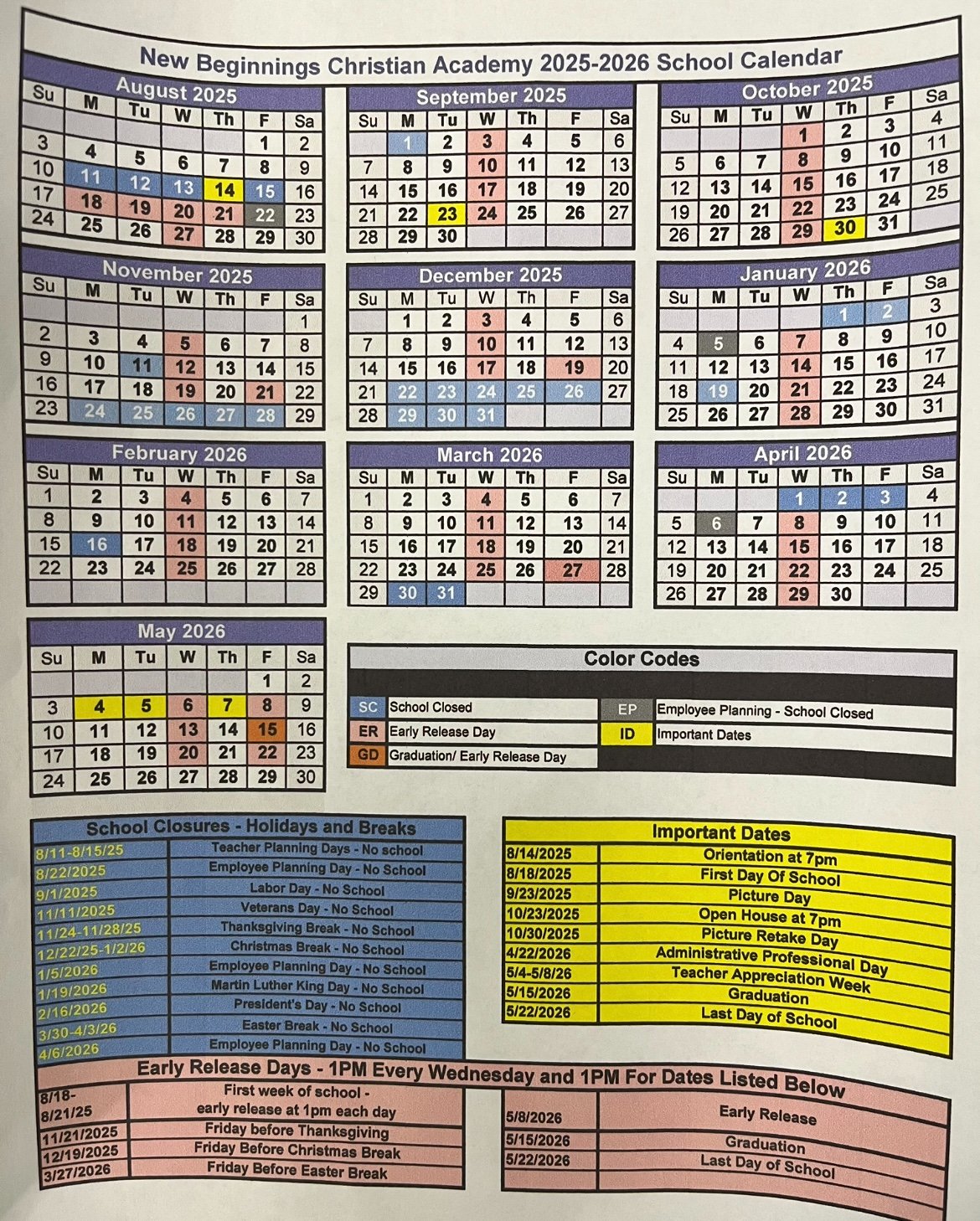 New Beginnings Christian Academy 2025–2026 School Calendar