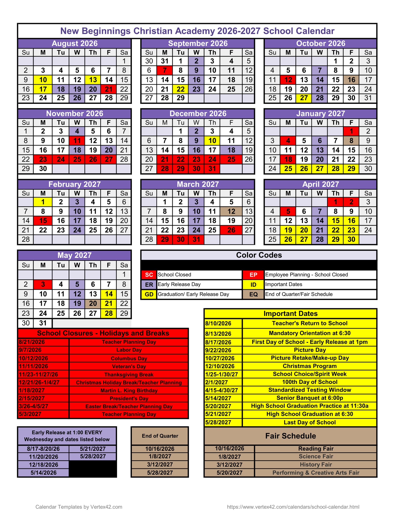 New Beginnings Christian Academy 2026–2027 School Calendar