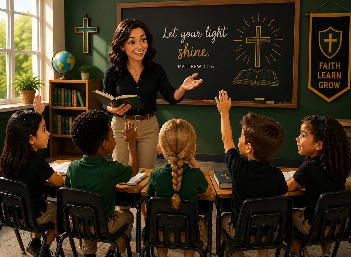 Teacher with students in a faith-based classroom at NBCA